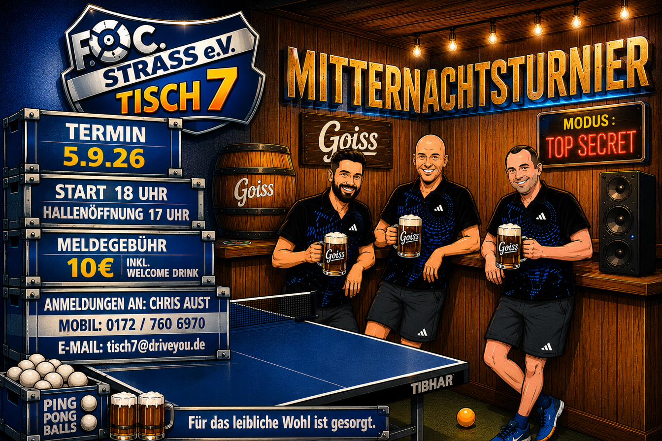 Turnierflyer: drei Spieler von Tisch 7 mit Getränken an der Theke, davor eine Tischtennisplatte – Mitternachtsturnier am 5.9.2026